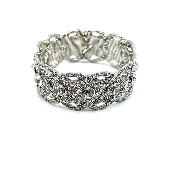 RMN Jewelry - Vintage ROMAN Clear Crystal Braided Stretch‎ Bangle Bracelet Signed RMN